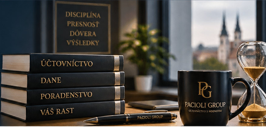Účtovnícke knihy, pero a šálka Pacioli Group